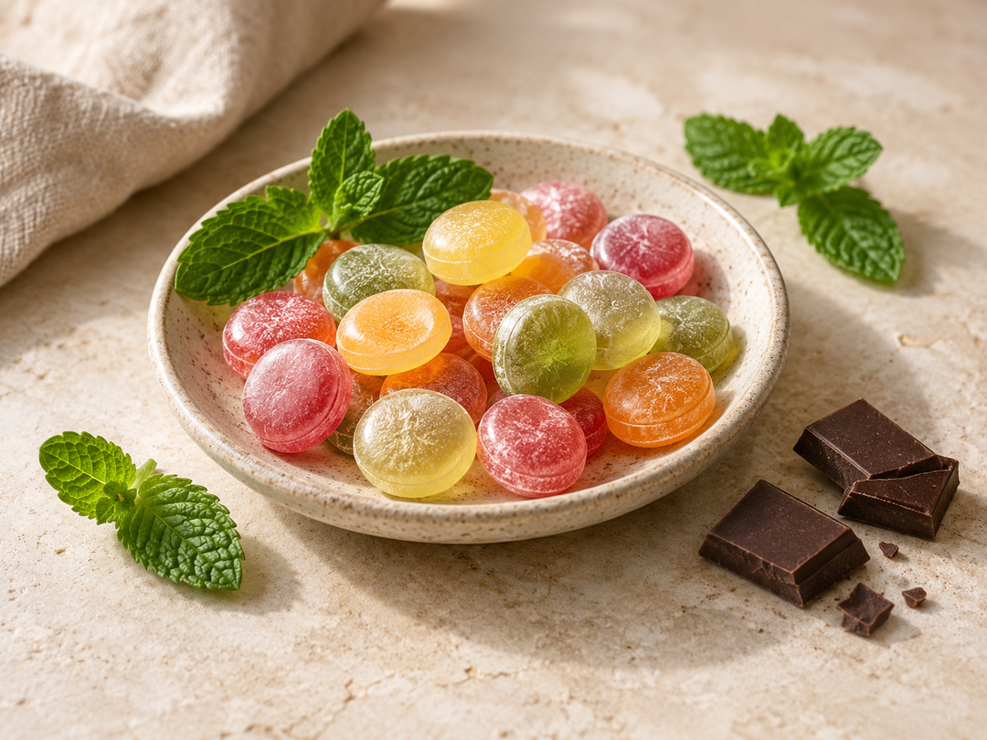Editorial illustration: Small mint and fruit-colored throat lozenges arranged in a shallow ceramic dish, a few mint leaves and a small piece of dark chocolate alongside, no branded bags.