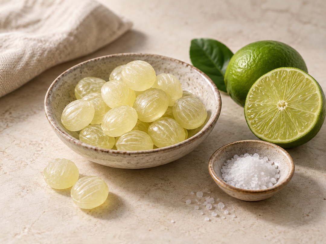 Editorial illustration: Small pale lime-flavored hard candies in a ceramic dish with a lime half and a subtle pinch of salt, no wrappers with text.