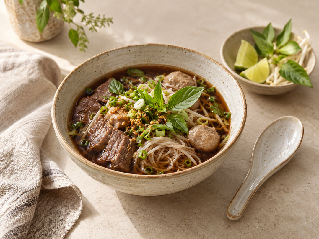 Editorial illustration: A modest bowl of Thai boat noodle soup, dark broth, thin noodles and fresh green herbs, ceramic spoon resting alongside.