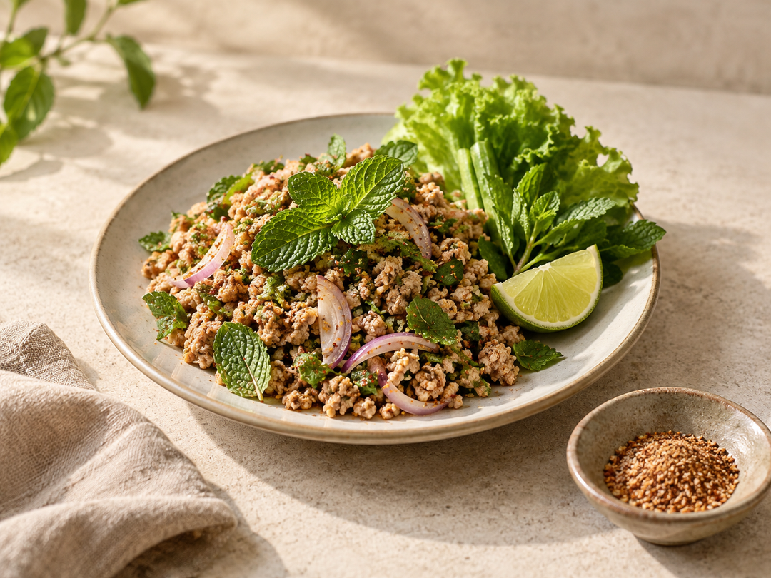 Editorial illustration: A modest plate of Thai larb minced-meat salad with mint leaves, sliced shallot and lime wedge; small dish of seasoning powder.