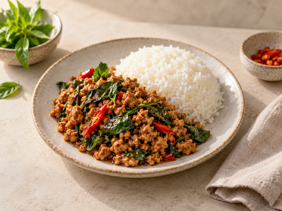 Editorial illustration: A small ceramic plate of cooked Thai holy basil stir-fry with rice, glossy cooked pieces and basil leaves, no raw meat.