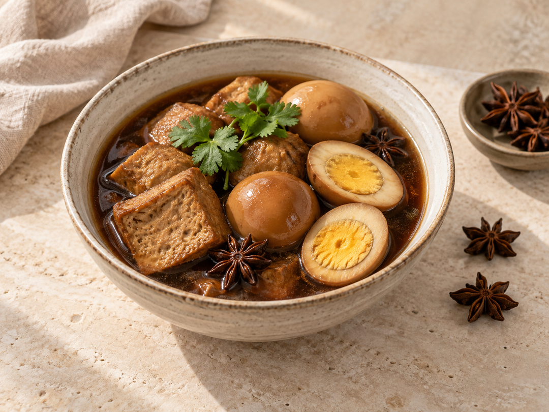 Editorial illustration: A warm bowl of Thai pa-lo braised eggs and tofu in brown five-spice broth with a few star anise pieces beside it.