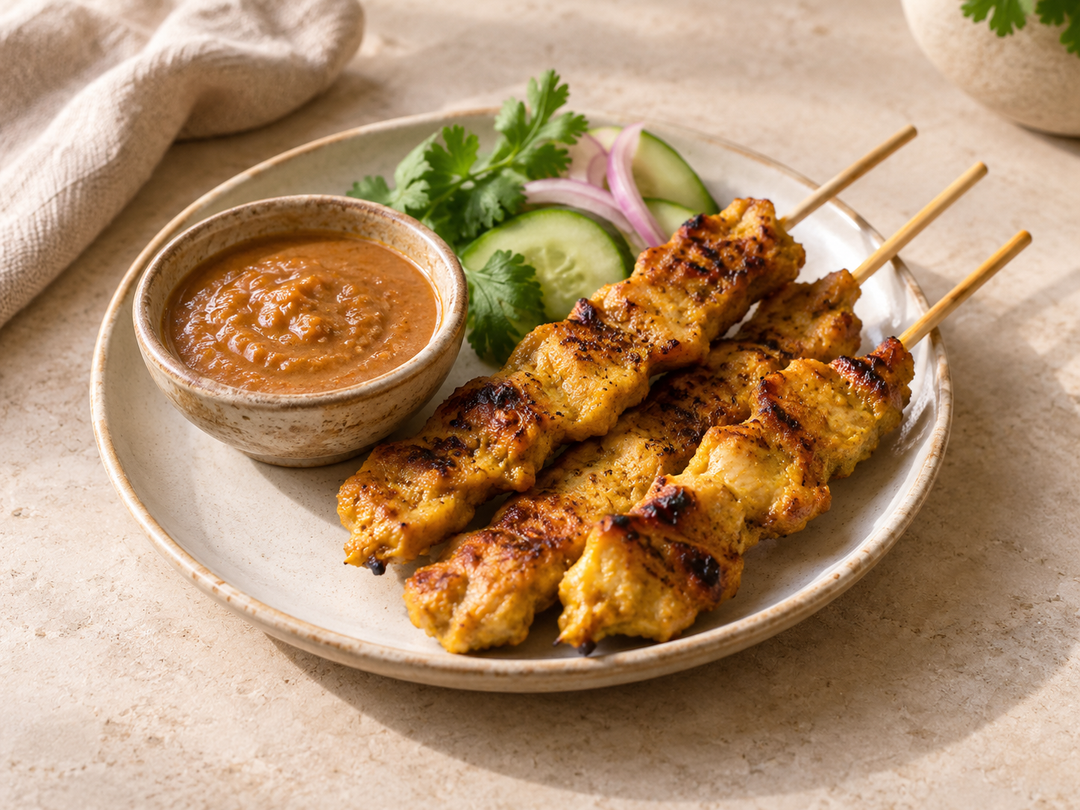 Editorial illustration: A small plate with three cooked satay skewers and a little bowl of peanut dipping sauce, no package.