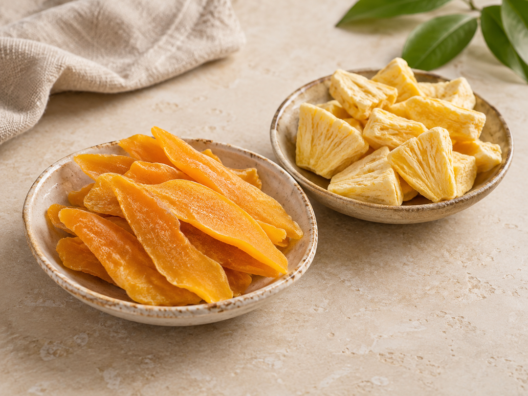 Editorial illustration: Two small shallow ceramic dishes, one with soft dried mango strips and one with crisp freeze-dried fruit pieces, no fresh fruit dominance.