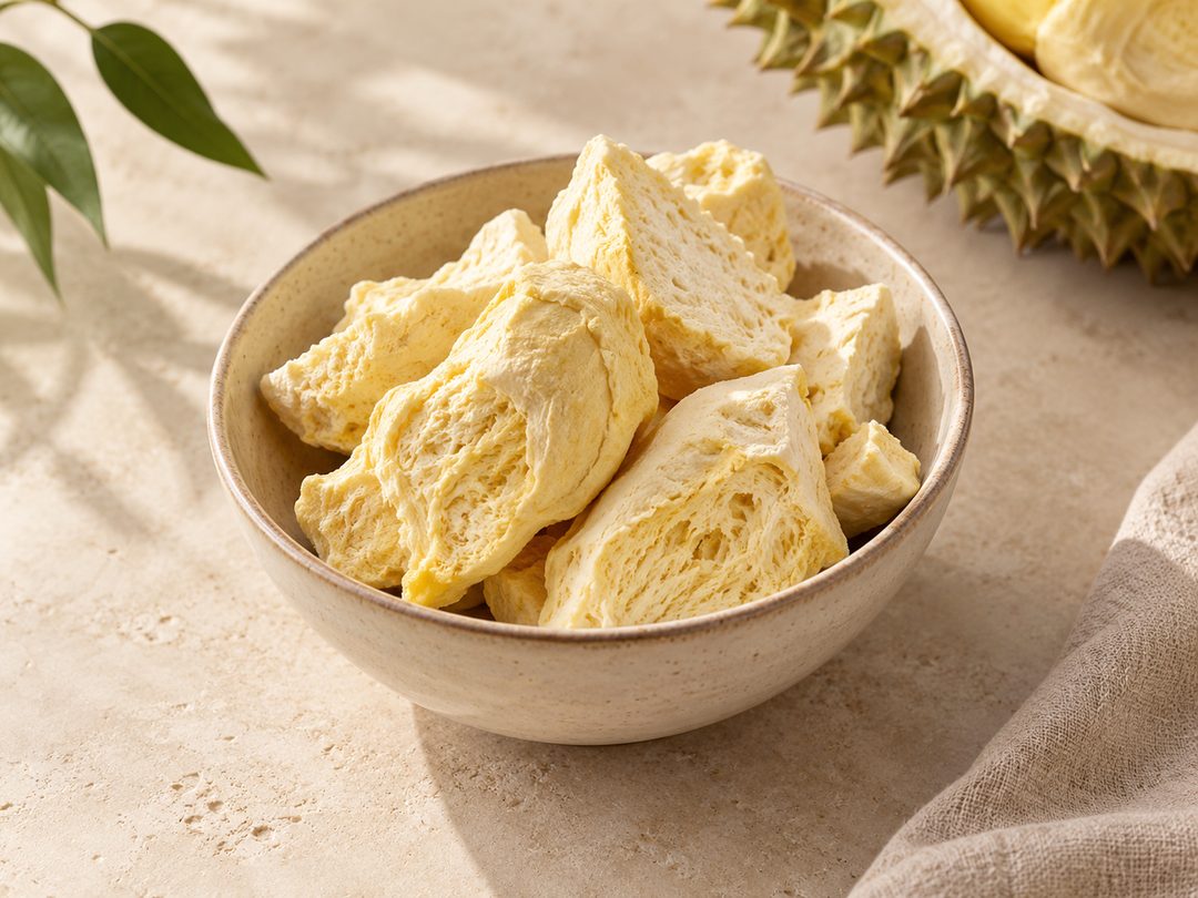 Editorial illustration: A small bowl of pale golden freeze-dried durian pieces with airy porous texture, compact clean food still life.