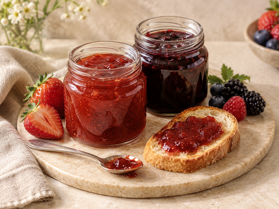 Editorial illustration: Two small unlabelled glass jam jars, strawberry red and deep mixed berry purple, one spoon and a small toast slice.