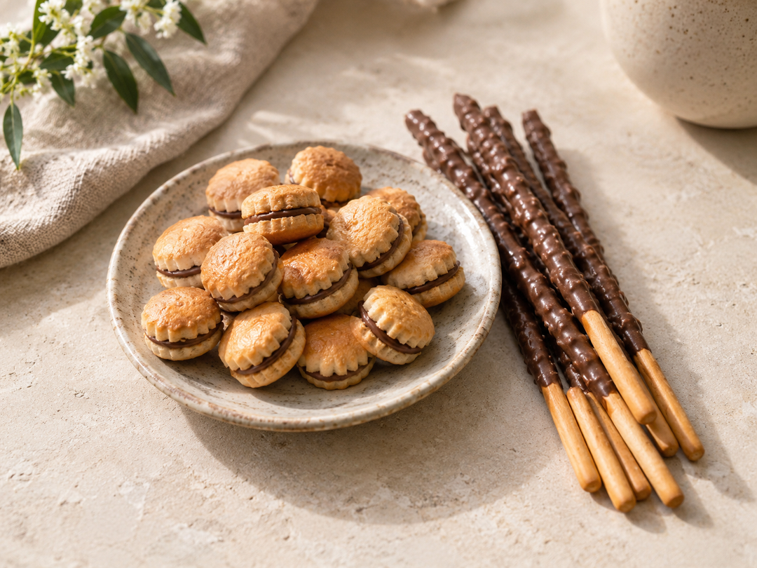 Editorial illustration: A small plate with tiny filled bite-size biscuits beside several slender chocolate-coated biscuit sticks, distinct snack shapes.