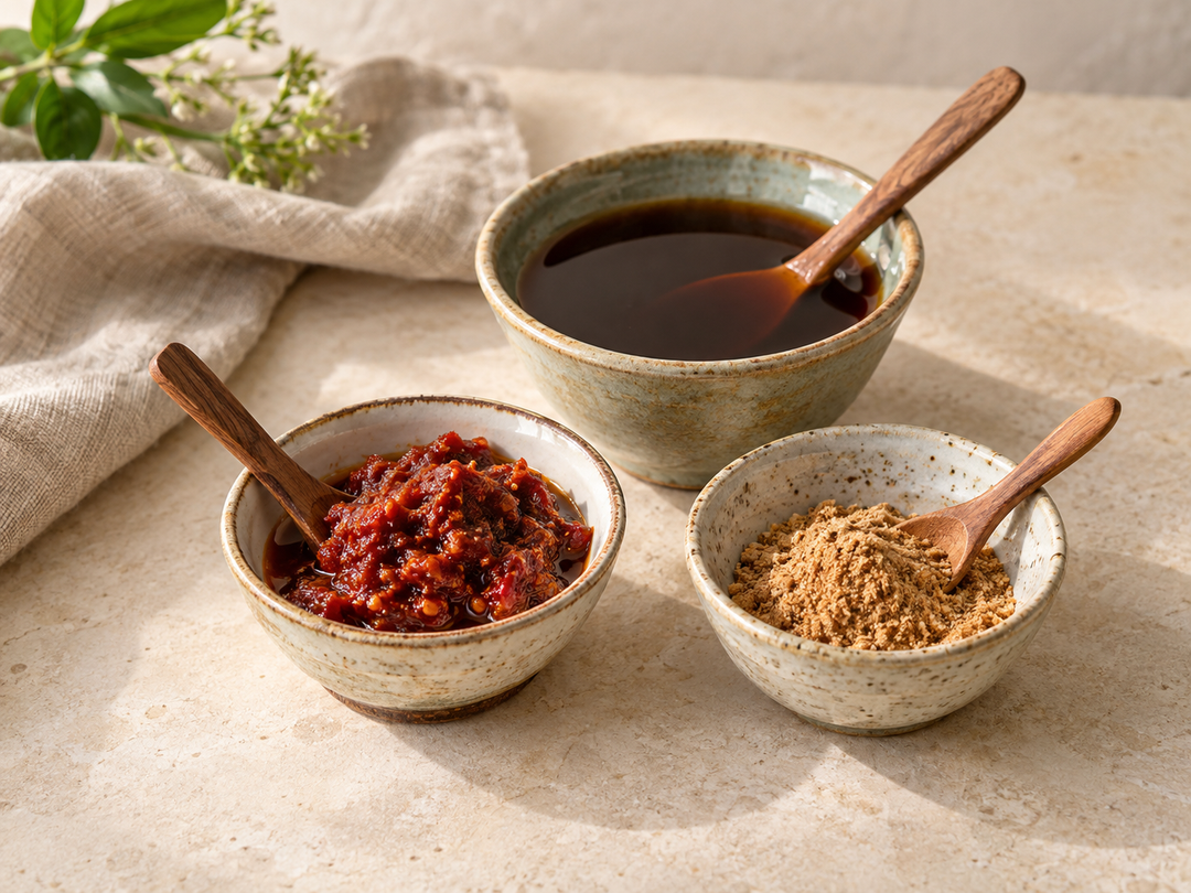 Editorial illustration: Three small ceramic condiment dishes containing a red seasoning paste, a dry tan spice powder and a dark liquid soup base, with small spoons.