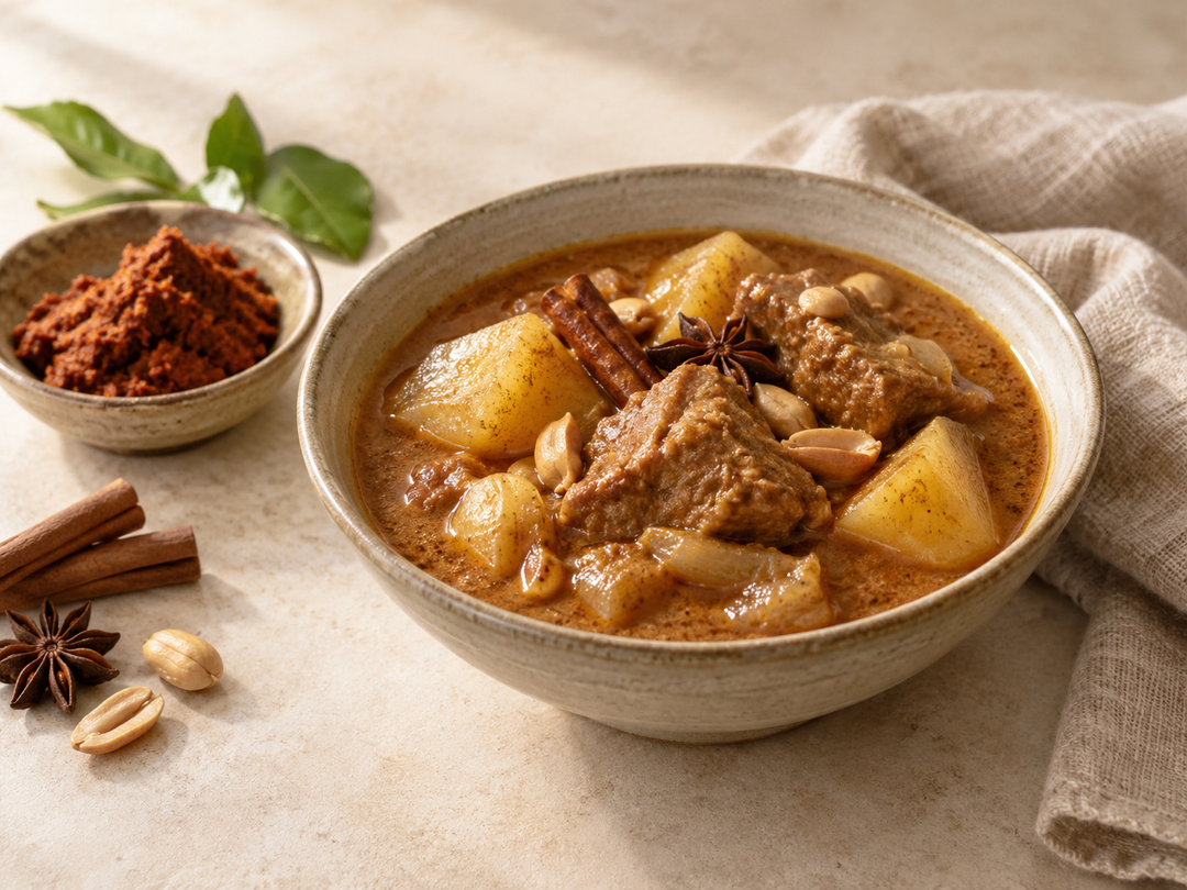 Editorial illustration: A small bowl of creamy brown massaman curry with potatoes and cooked meat, with a little dish of curry paste nearby.