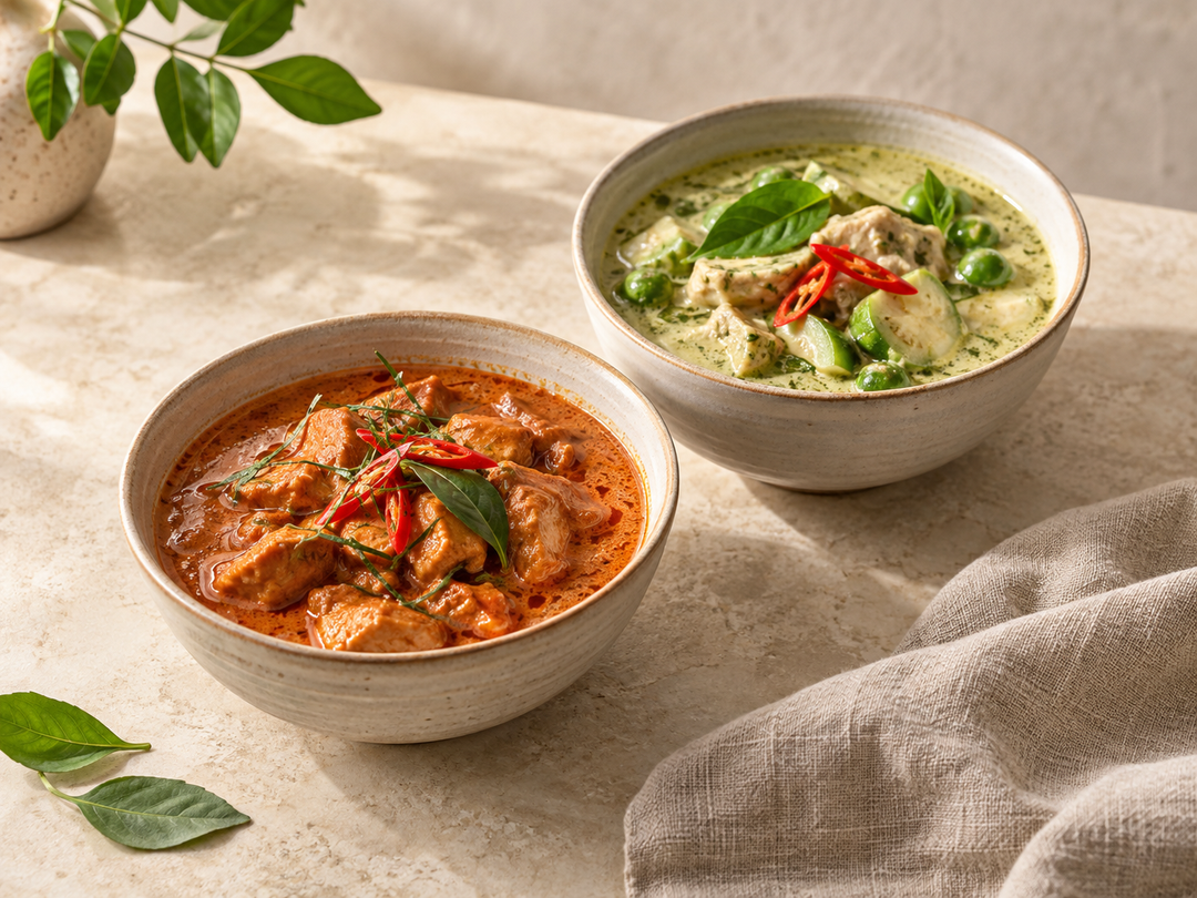 Editorial illustration: Two small bowls of Thai curry, one rich reddish panang and one pale green curry, garnish restrained, clean tabletop.
