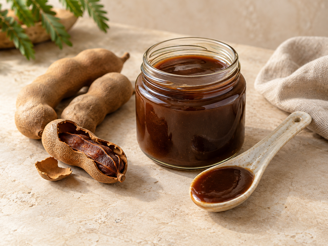 Editorial illustration: A small clear glass jar of dark tamarind sauce with a ceramic spoon and a few tamarind pods nearby.