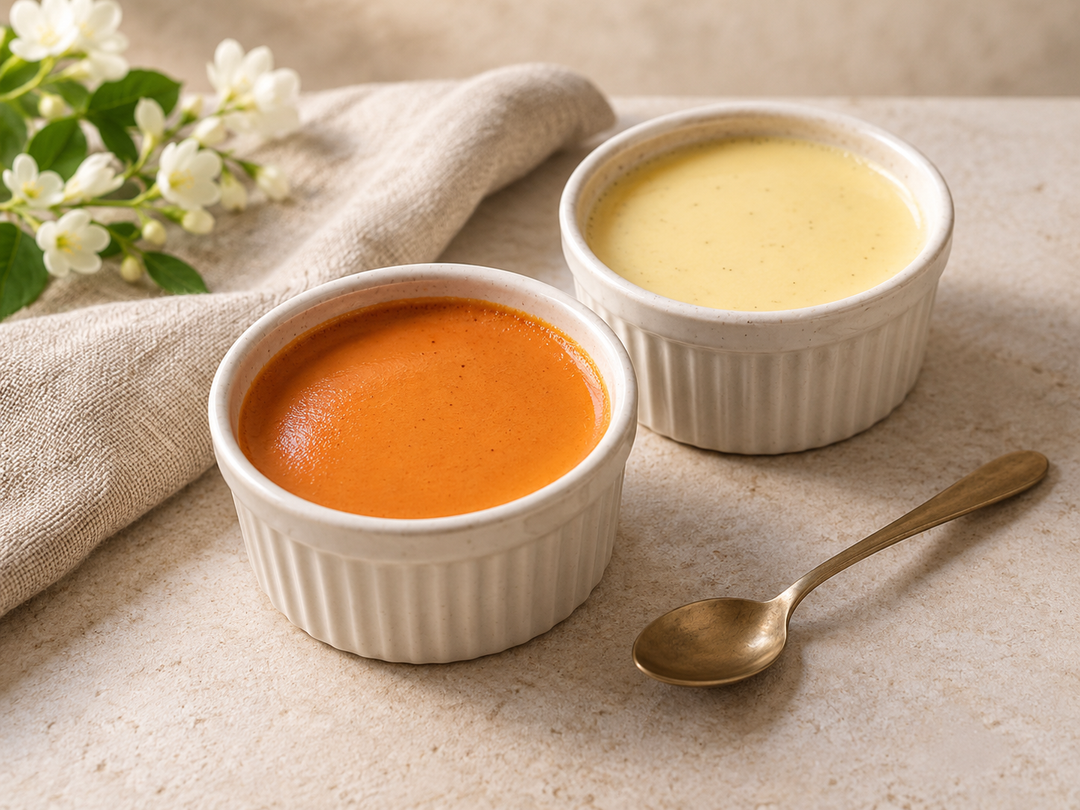 Editorial illustration: Two small ceramic ramekins of smooth custard, orange Thai tea custard and pale ivory vanilla custard, small spoon nearby.