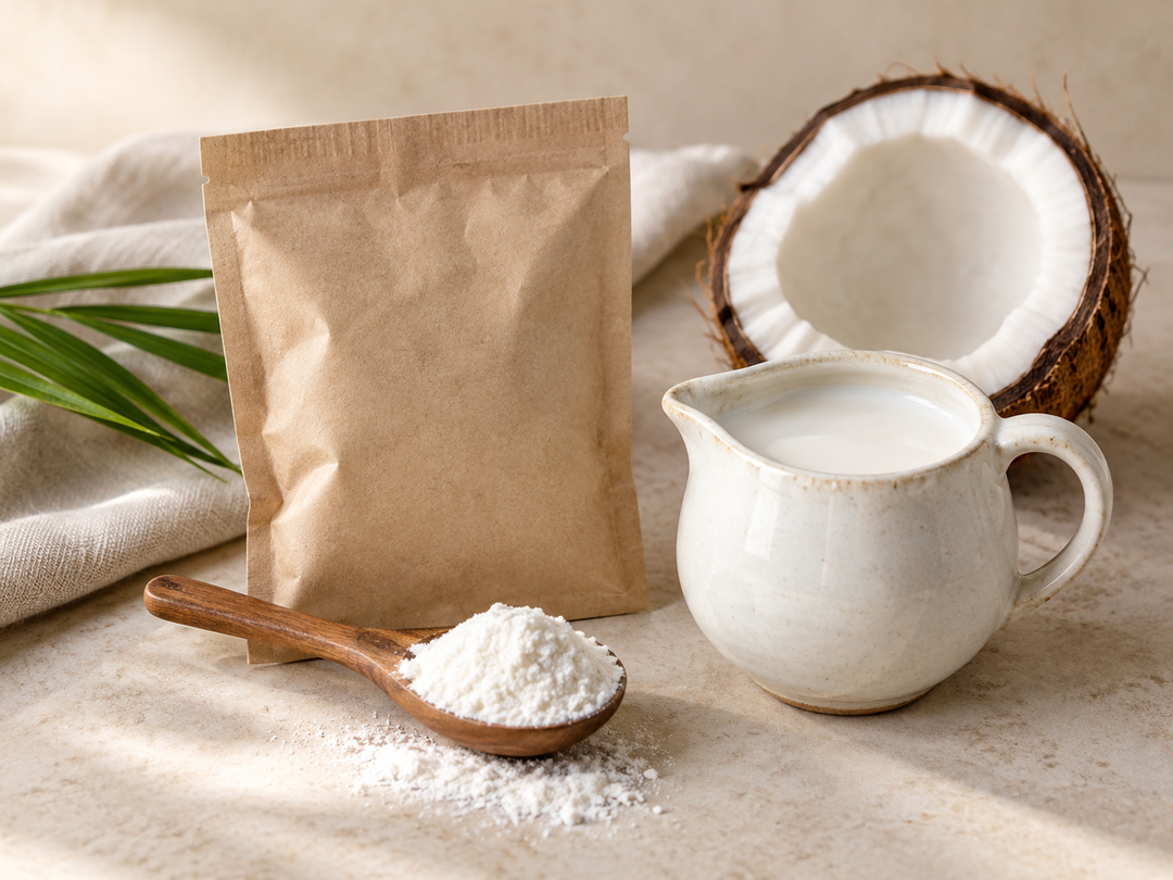 Editorial illustration: An unlabelled paper sachet with a spoonful of white coconut cream powder and a small ceramic pitcher of prepared coconut cream, coconut half behind.