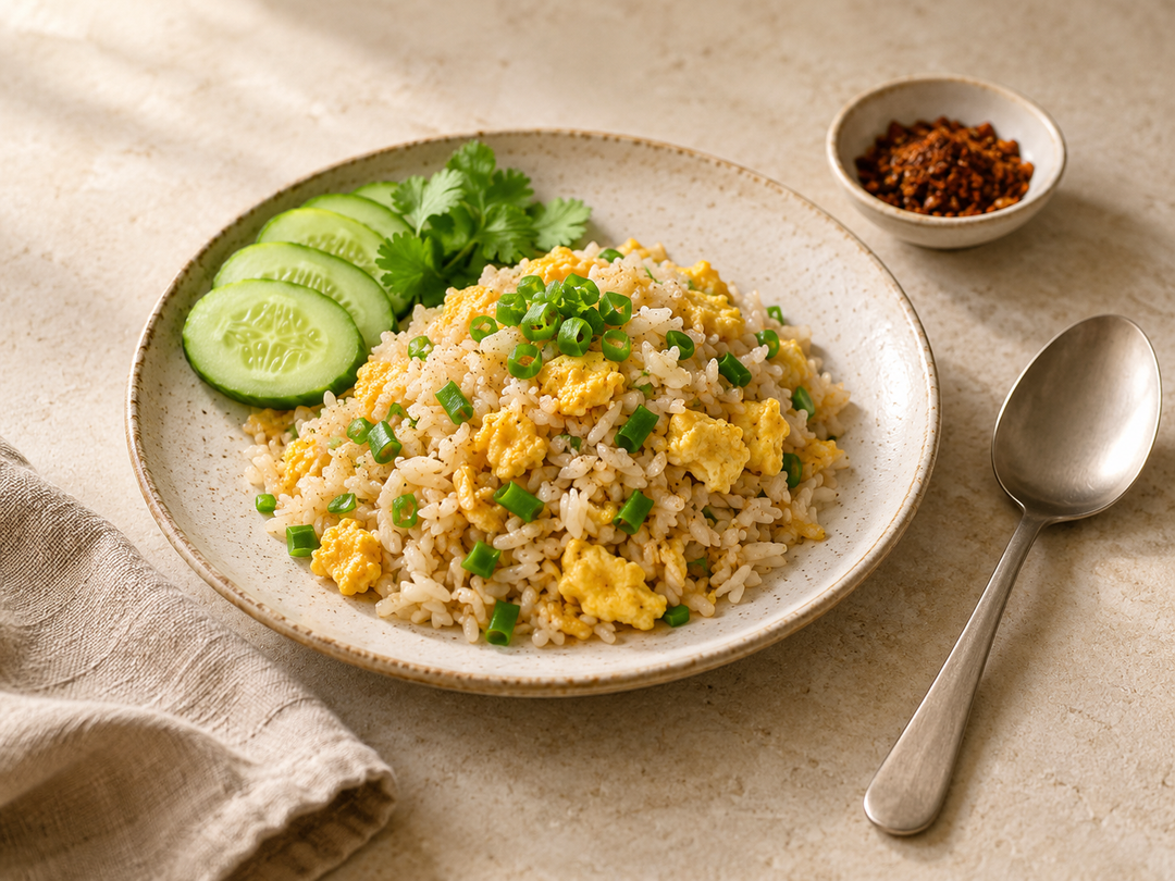 Editorial illustration: A small ceramic plate of Thai fried rice with egg and green onion, spoon alongside and tiny dish of dry seasoning.