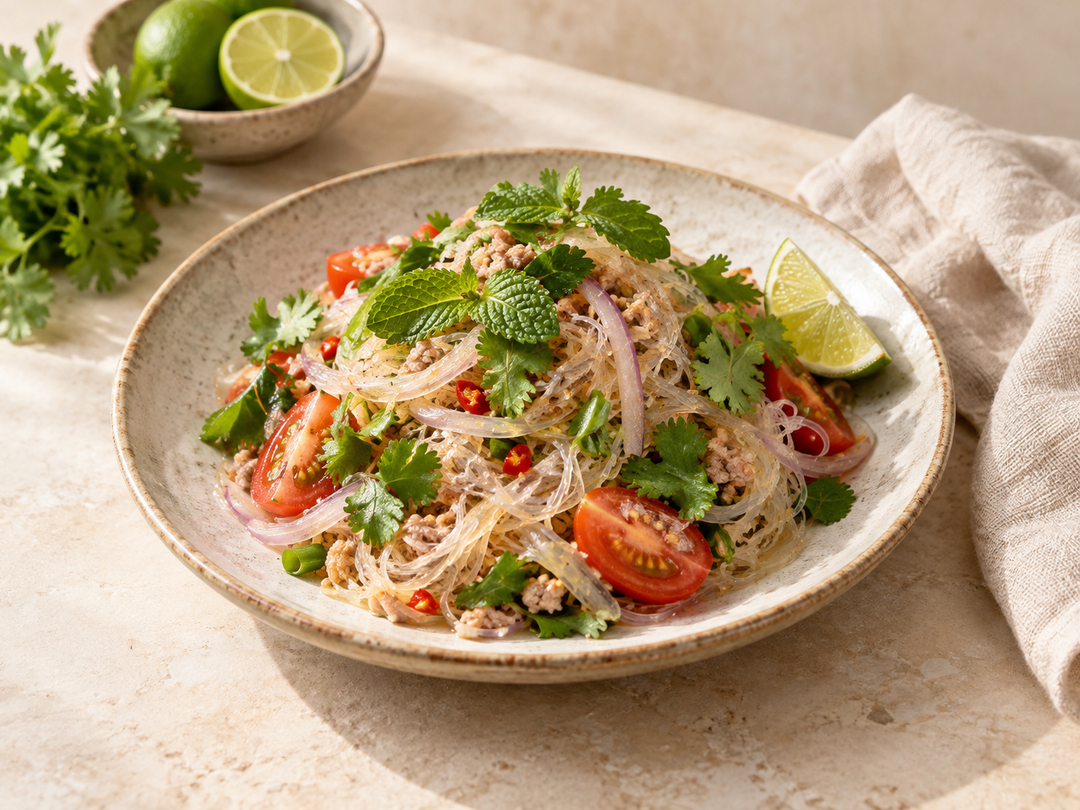 Editorial illustration: A modest plate of Thai glass noodle salad with translucent noodles, tomato, lime and herbs, freshly prepared.