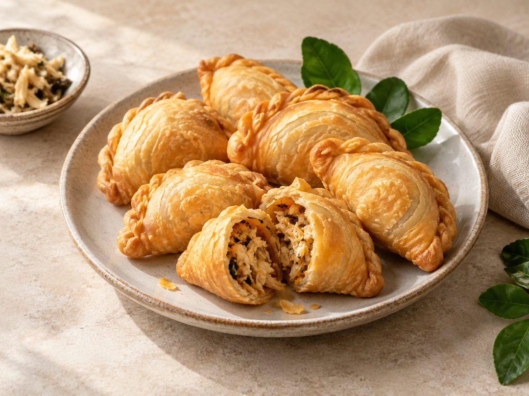 Editorial illustration: Several small golden Thai pun klip crescent-shaped pastries with crimped edges on a plate, one opened to reveal a dry fish-based filling.