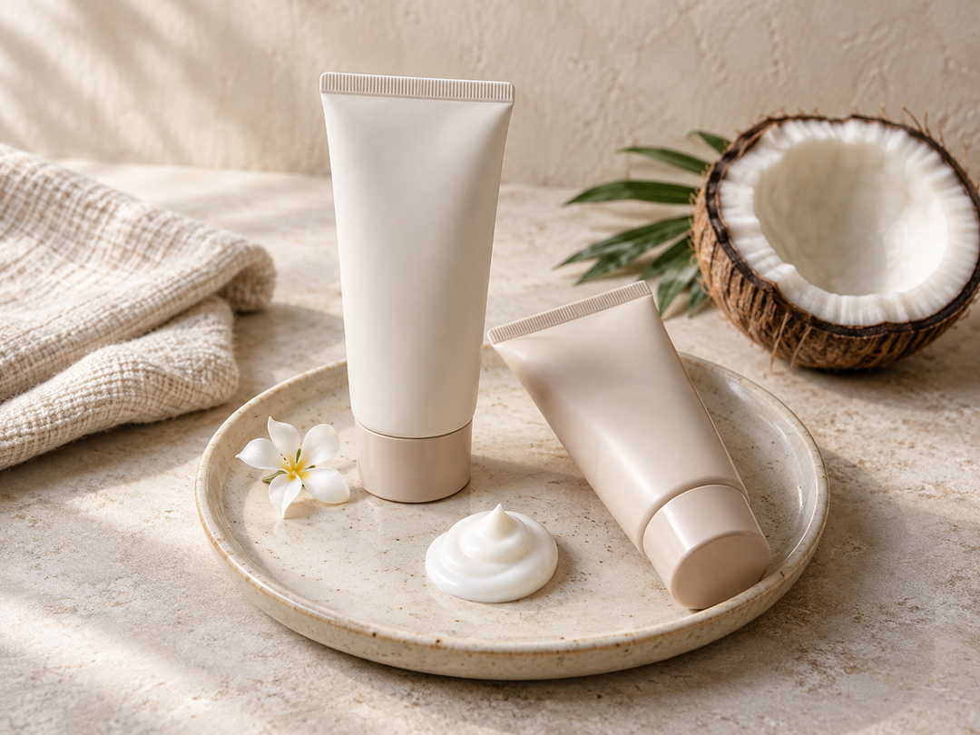 Editorial illustration: Two plain hand-cream tubes and a small cream swirl on a ceramic cosmetic tray, subtle coconut half behind, folded towel.