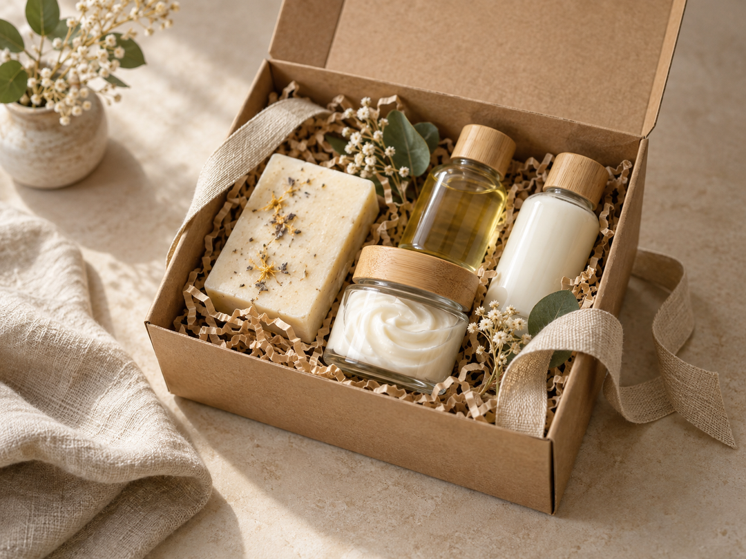 Editorial illustration: An open kraft beauty gift box with four plain care formats: soap bar, cream jar and two small bottles, paper cushioning and linen ribbon.