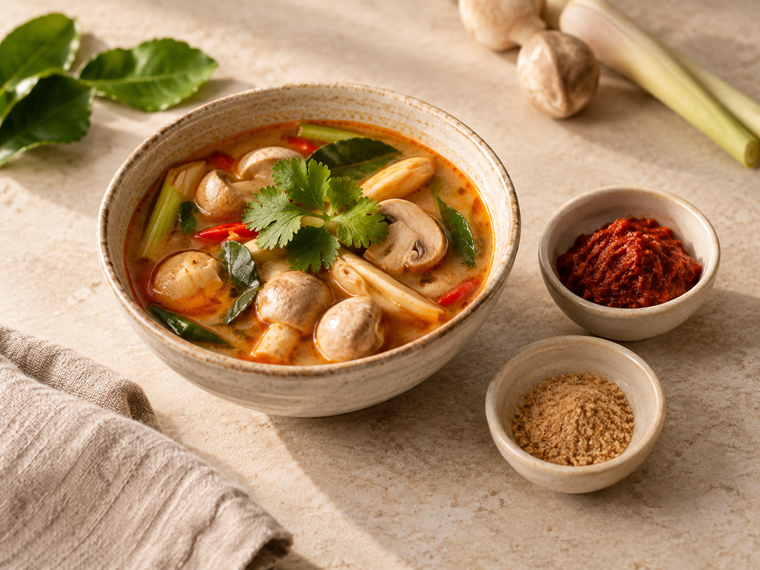 Editorial illustration: A small bowl of prepared tom yum soup with mushrooms and herbs, and two tiny side dishes of red paste and seasoning powder.