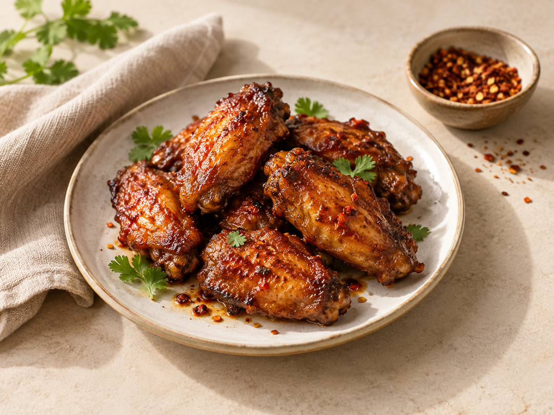 Editorial illustration: A small plate of cooked glazed spicy chicken wings, appetizing and fully cooked, with a small spice dish.