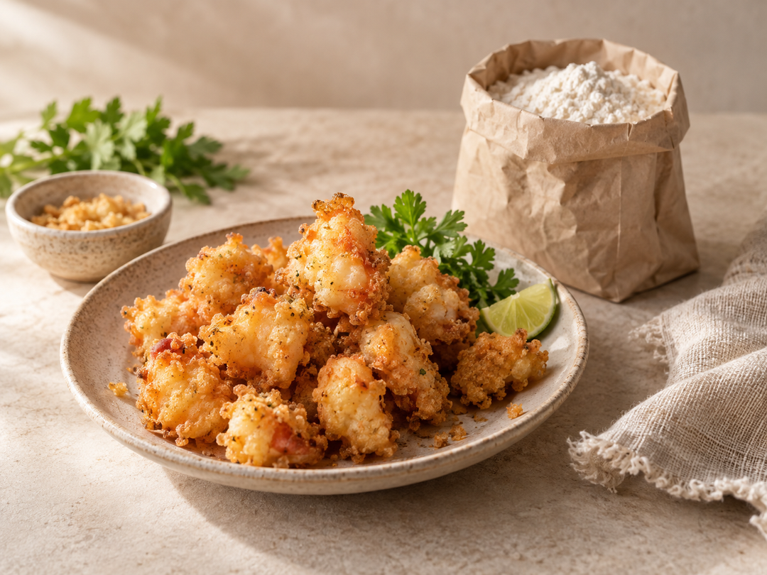 Editorial illustration: A small plate of crisp golden cooked battered bites with delicate crunchy coating, with a plain paper flour sachet behind.