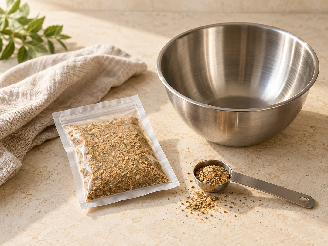 Editorial illustration: A sealed plain food-safe seasoning sachet and clean stainless mixing bowl and measuring spoon, no raw meat, no finished food claiming safe fermentation.