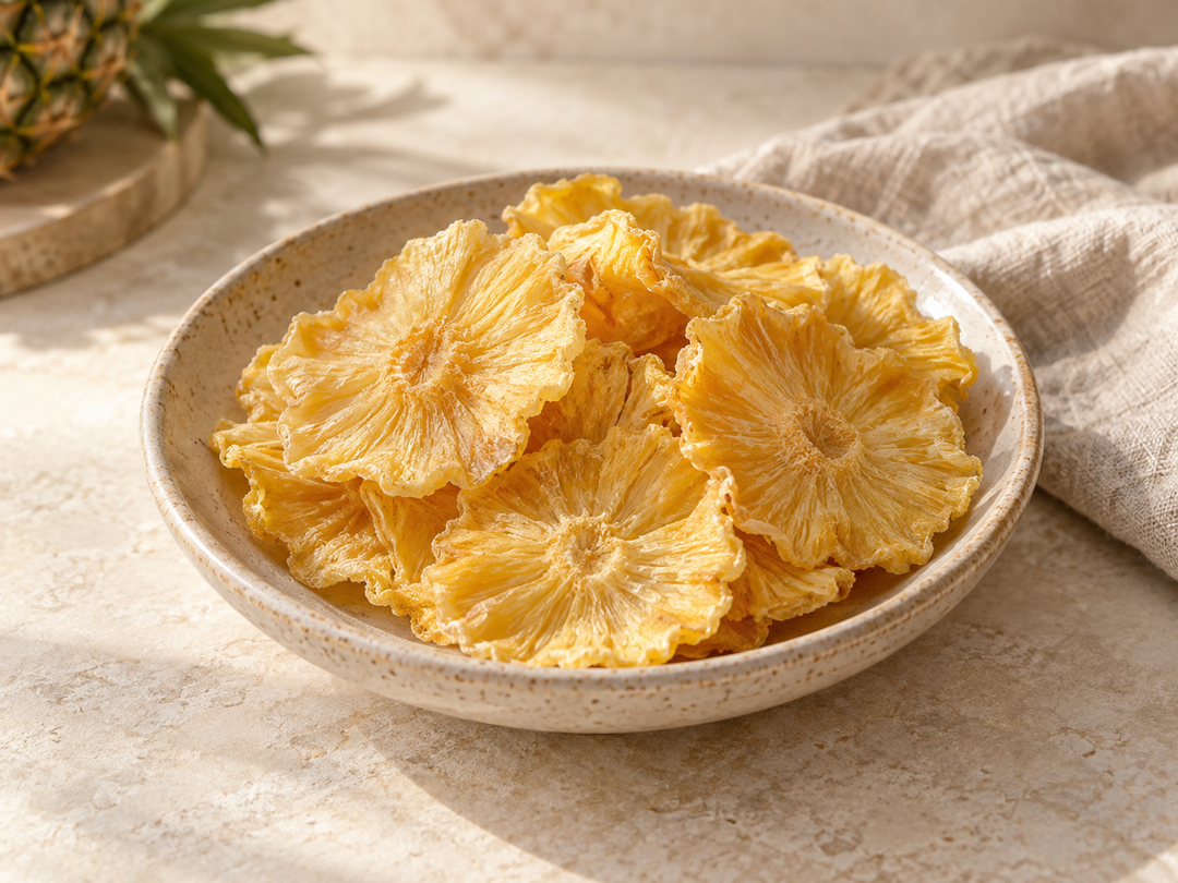 Editorial illustration: Soft golden dried pineapple slices in a shallow ceramic dish, no syrup or sugar crystals.