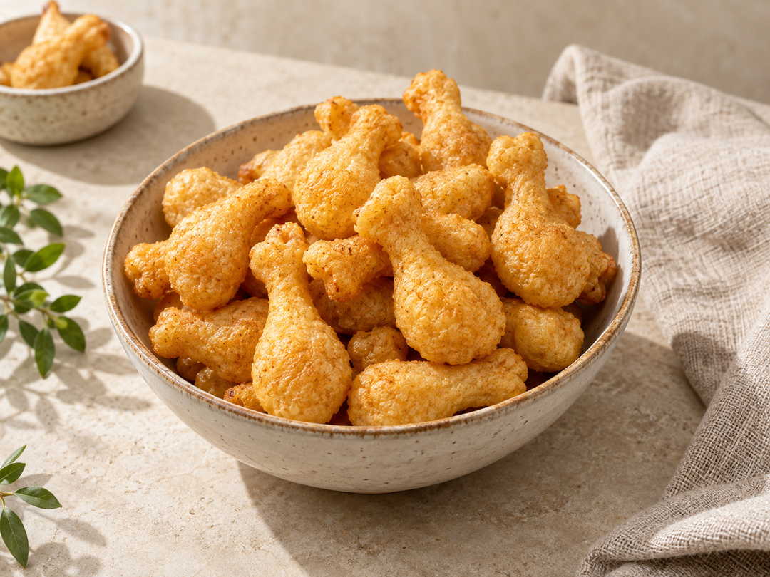 Editorial illustration: A ceramic bowl of golden crunchy Thai chicken-leg-shaped snack crackers, NOT actual chicken drumsticks, no meat.