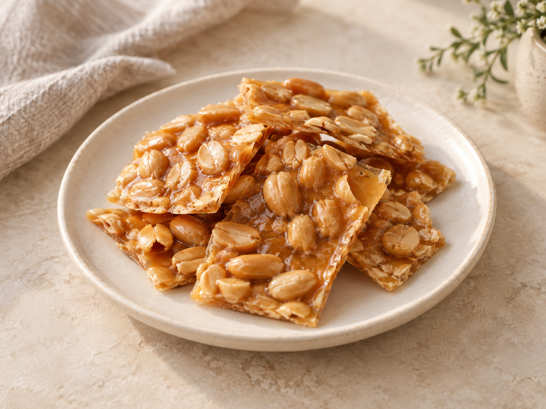 Editorial illustration: Several thin golden peanut brittle pieces with whole peanuts embedded, on a small ivory plate.