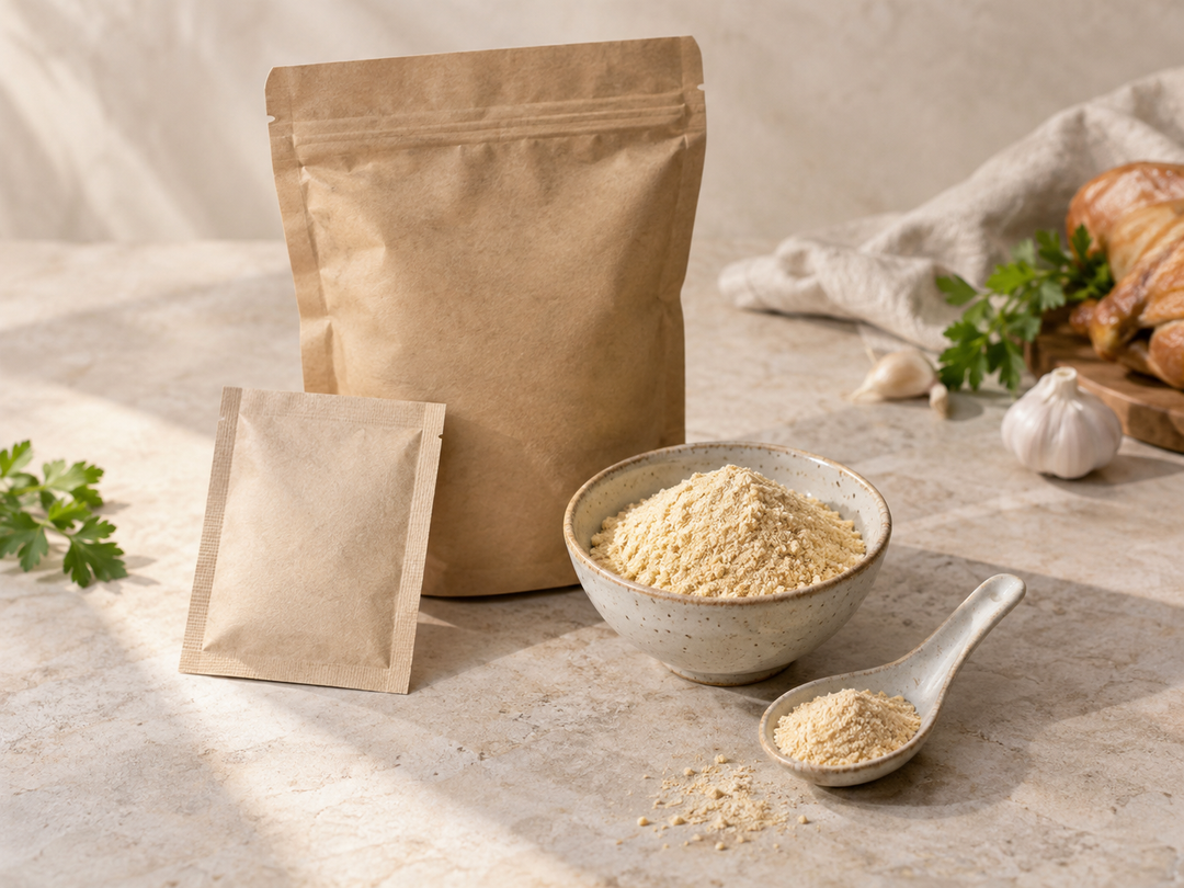 Editorial illustration: A small ceramic spoon and bowl of fine chicken seasoning powder beside a plain paper sachet and larger unprinted pouch.