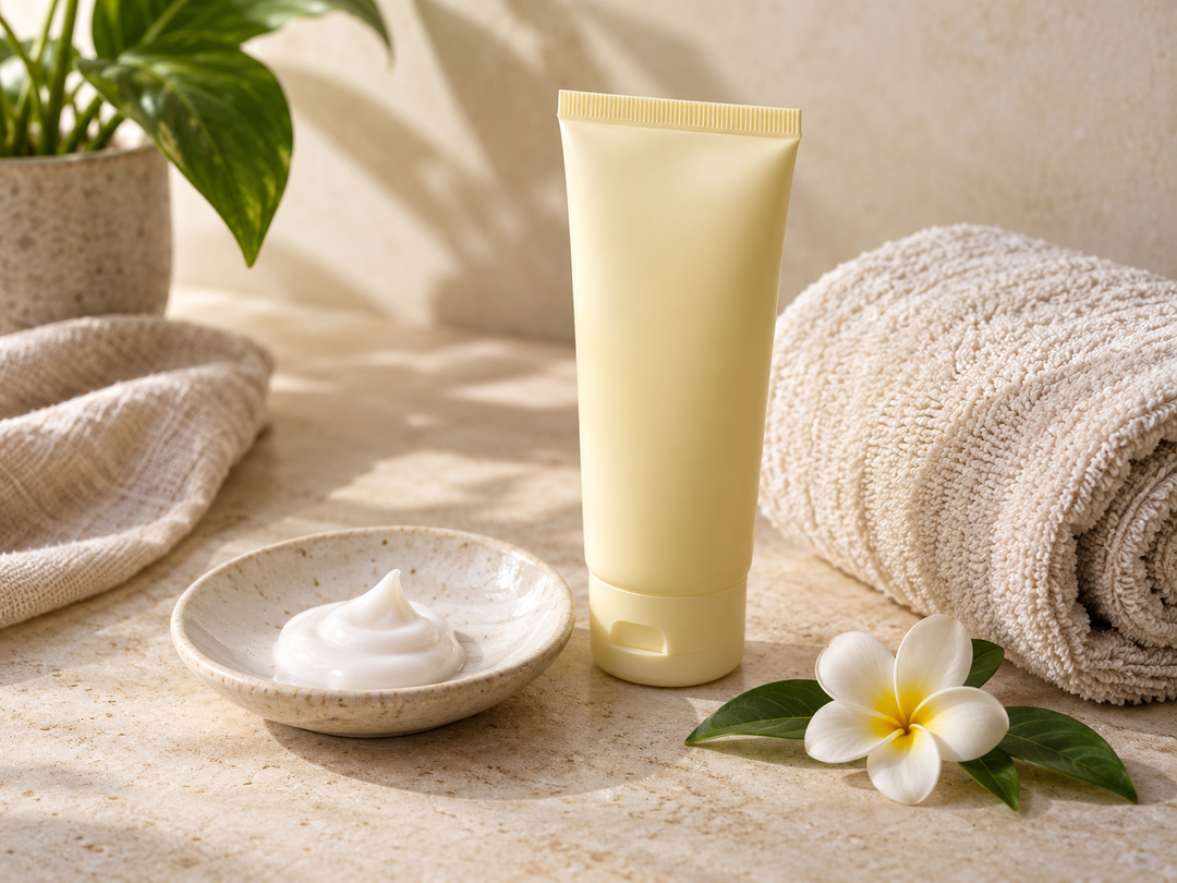 Editorial illustration: A plain foot-cream tube, small cream swirl on a spa dish and rolled towel, subtle pale banana-yellow tube color, no food bowl.