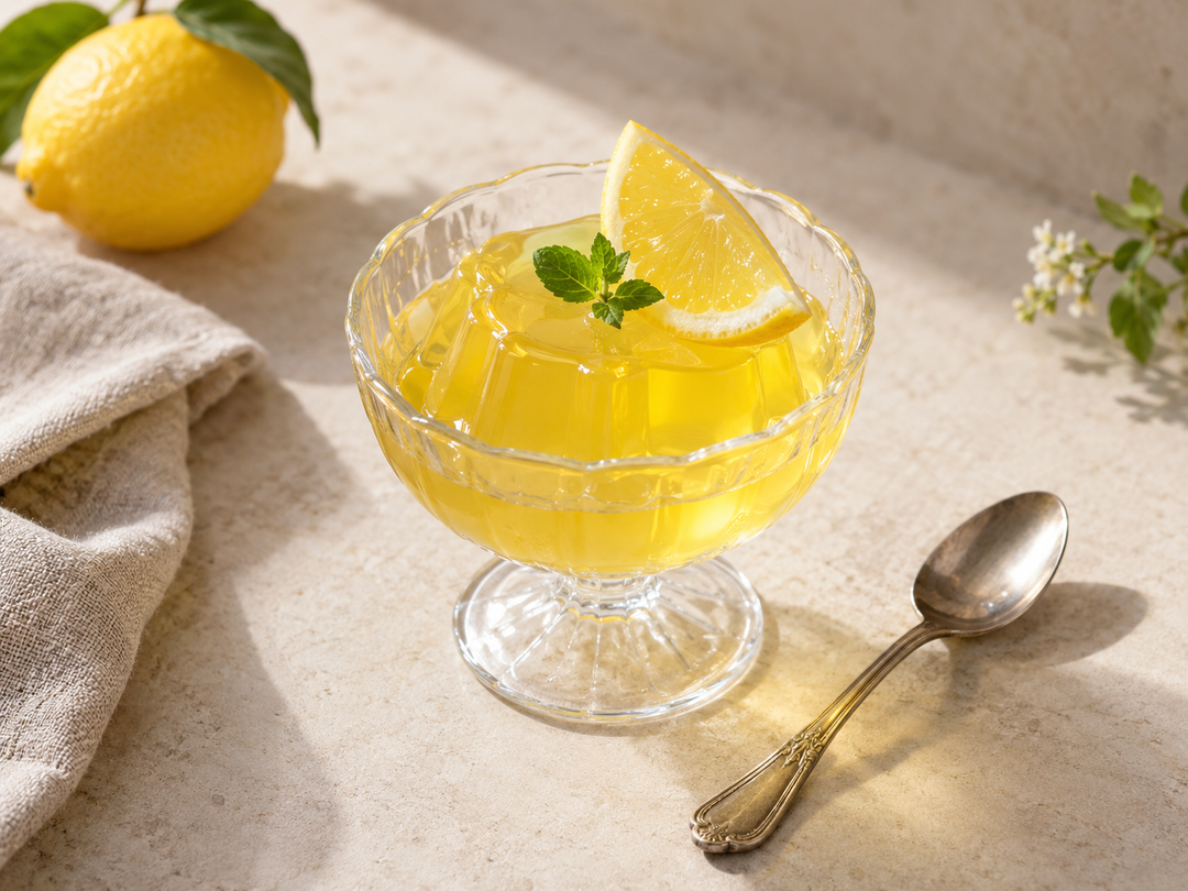 Editorial illustration: A small clear glass dessert dish of translucent lemon-yellow gelatin with a lemon wedge and dessert spoon.