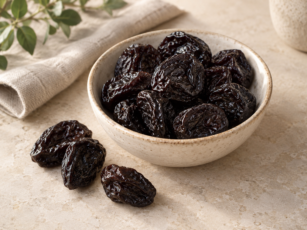 Editorial illustration: A small ceramic bowl of dark wrinkled dried prunes, a few pieces alongside, realistic matte dried-fruit texture.