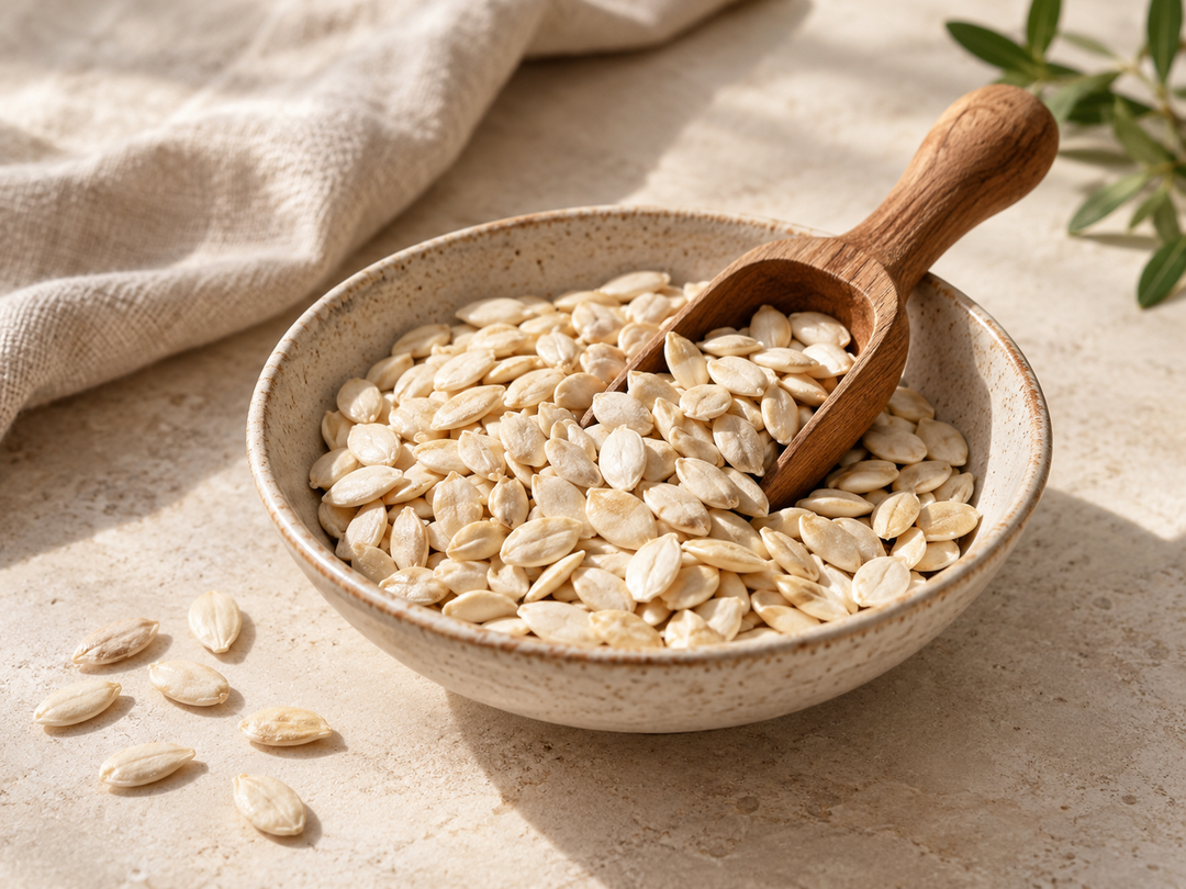 Editorial illustration: A small shallow bowl of pale hulled watermelon seed kernels with a wooden scoop.