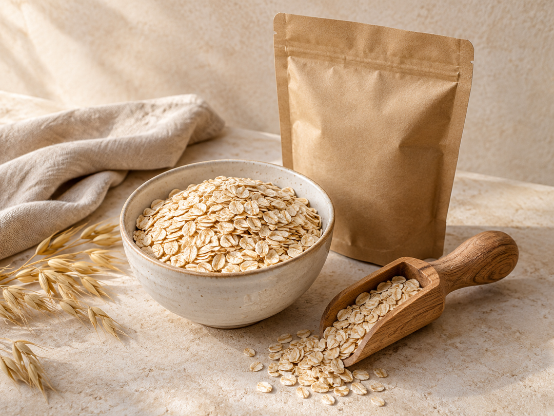 Editorial illustration: A small ceramic bowl of dry rolled oats and a wooden scoop, with a plain kraft storage pouch behind.