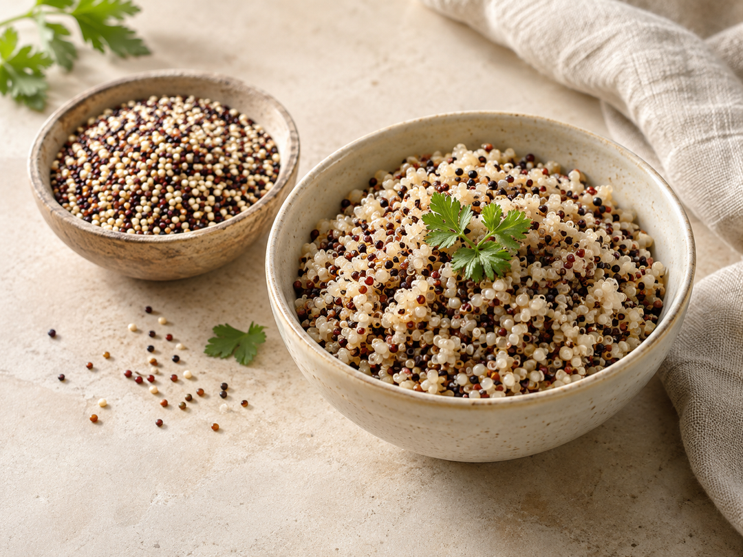 Editorial illustration: A small bowl of dry white red and black quinoa grains alongside a modest bowl of cooked mixed quinoa.