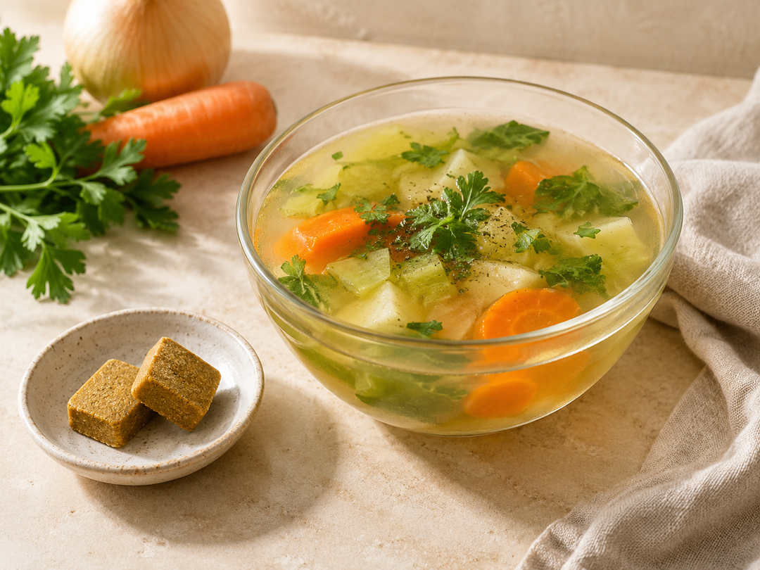 Editorial illustration: A clear bowl of warm pale broth with a few vegetables, two plain unwrapped bouillon cubes on a little dish alongside.