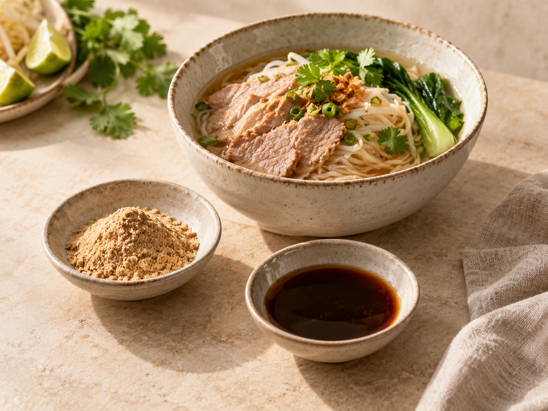 Editorial illustration: Two small ingredient dishes with noodle soup base, one dry powder and one dark liquid, with a small bowl of prepared noodle soup behind.