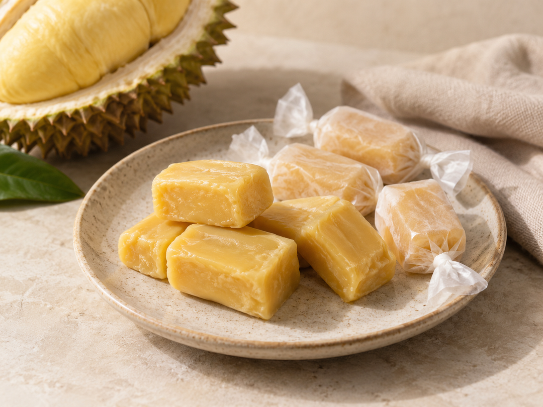Editorial illustration: Several pale golden durian milk toffees on a small ceramic plate, a few in plain translucent wax paper, no wrappers with text.