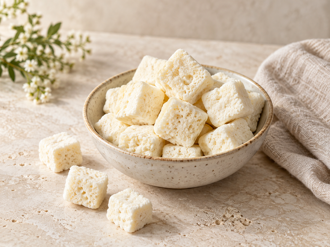 Editorial illustration: A small ceramic dish of ivory freeze-dried yogurt cubes with porous texture, a few cubes scattered nearby.