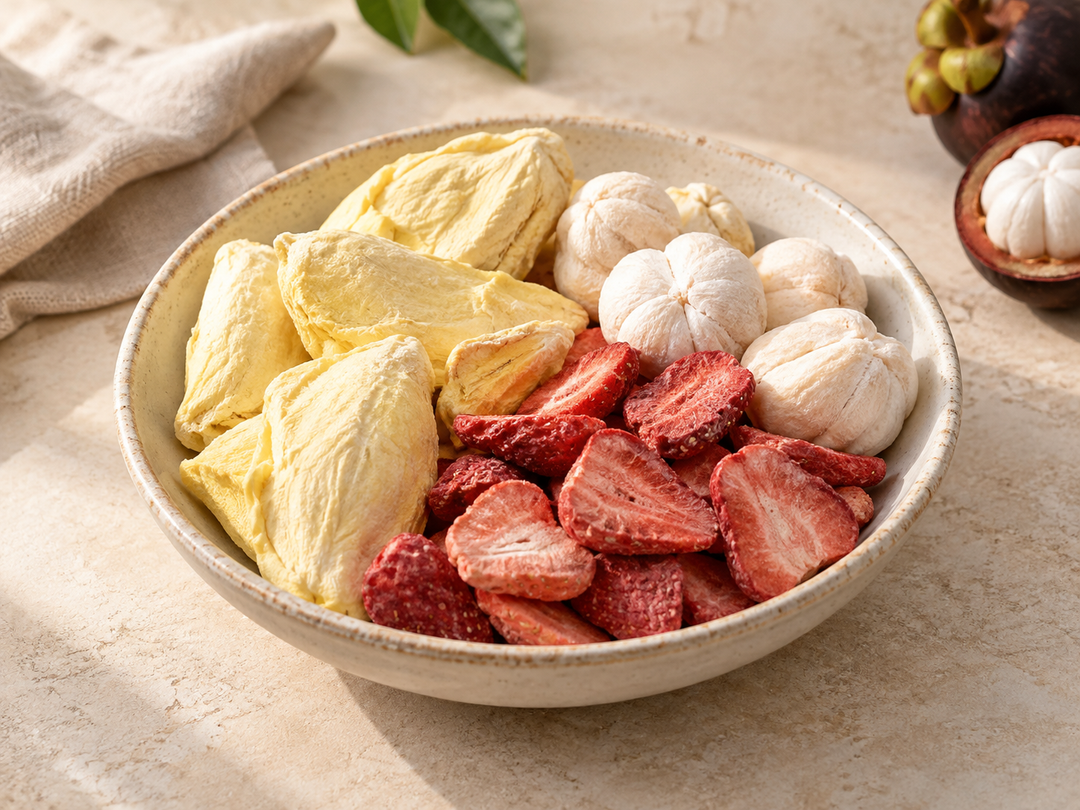 Editorial illustration: A shallow bowl containing distinct freeze-dried durian pieces, white mangosteen segments and red strawberry slices.