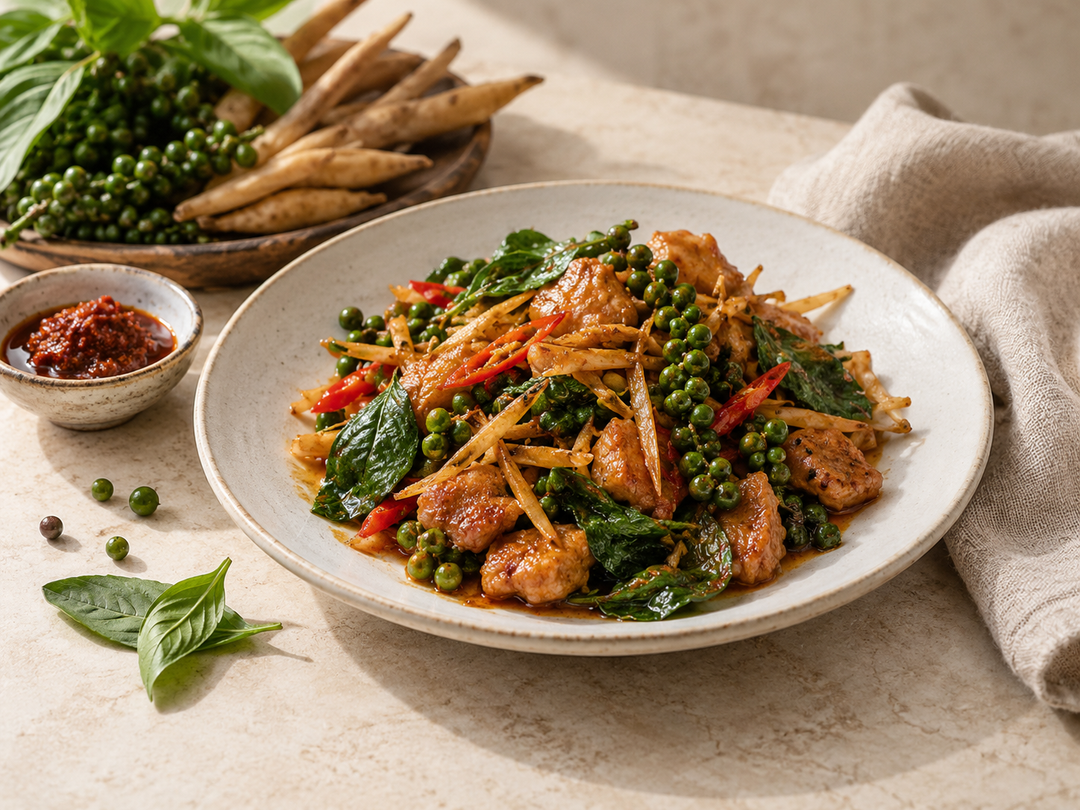 Editorial illustration: A small plate of cooked Thai pad cha stir-fry with green peppercorn clusters, basil and sliced fingerroot, tiny dish of red seasoning paste.