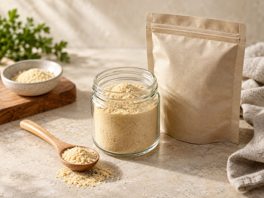 Editorial illustration: A small glass storage jar of fine chicken seasoning powder, a measuring spoon and plain resealable pouch, no raw chicken.