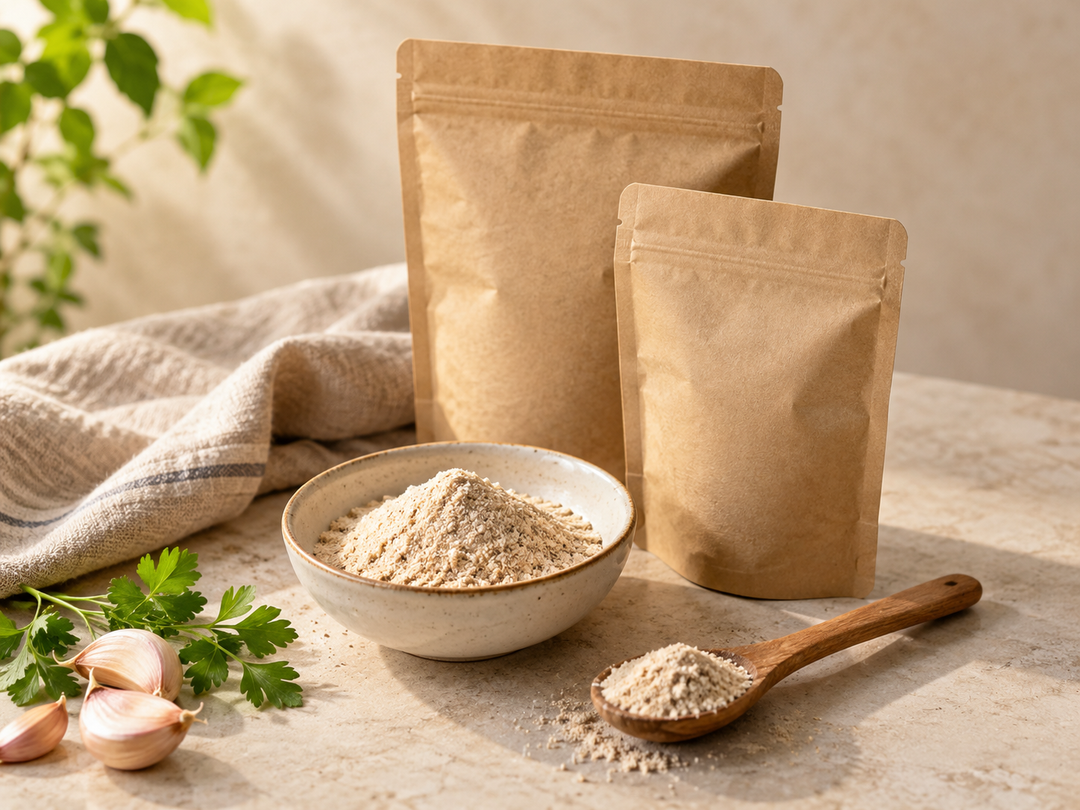 Editorial illustration: A small ceramic dish of pale pork seasoning powder with a wooden measuring spoon and two plain paper pouches of differing sizes.