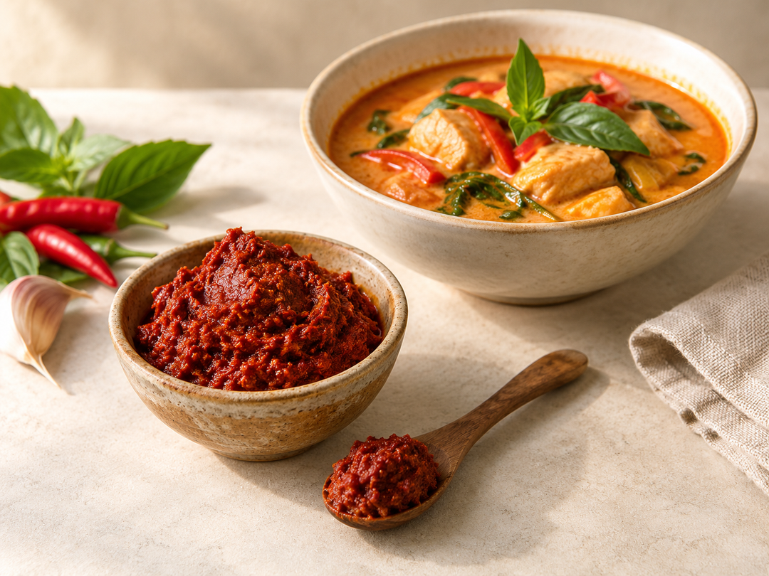 Editorial illustration: A small bowl of deep red Thai curry paste, small spoon alongside, and a prepared curry bowl softly behind.