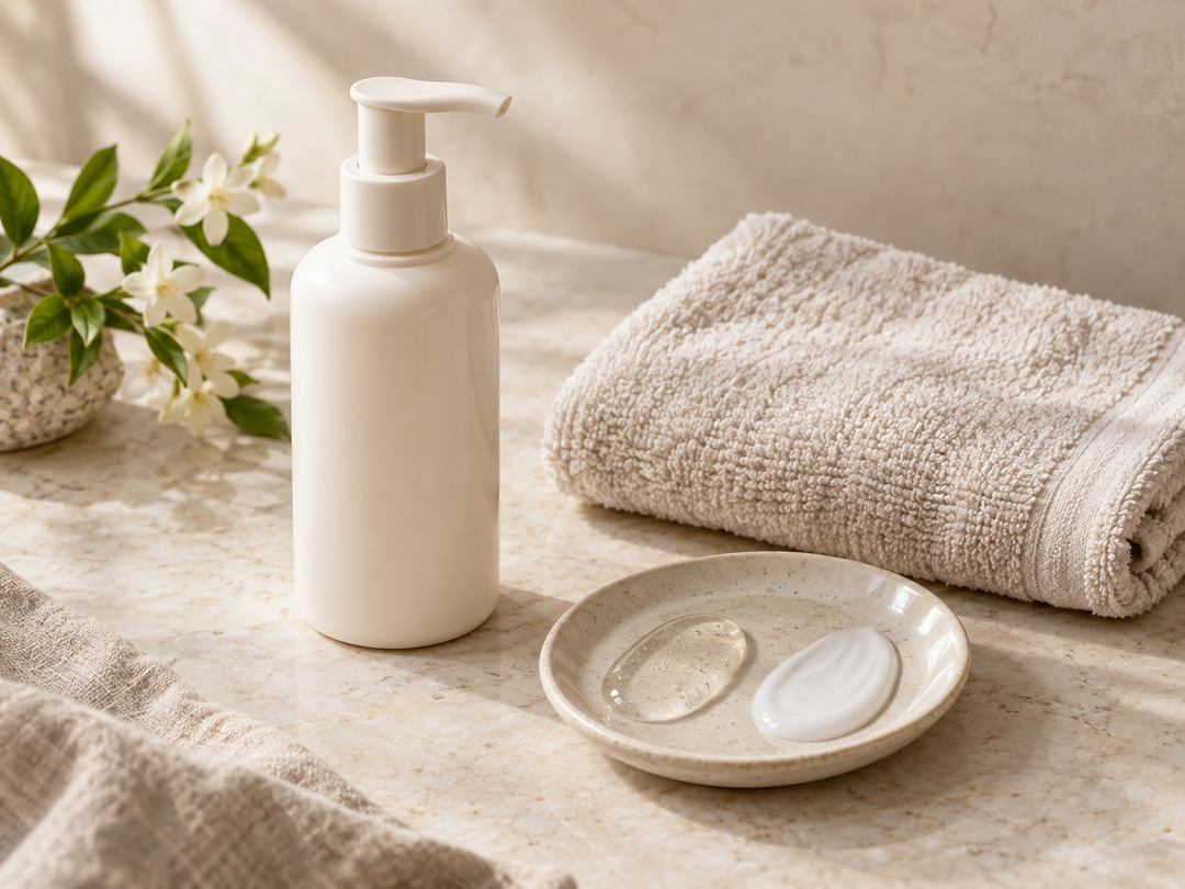 Editorial illustration: A plain ivory pump cleanser bottle beside two cosmetic texture swatches, clear gel and milky emulsion, with a folded face towel.