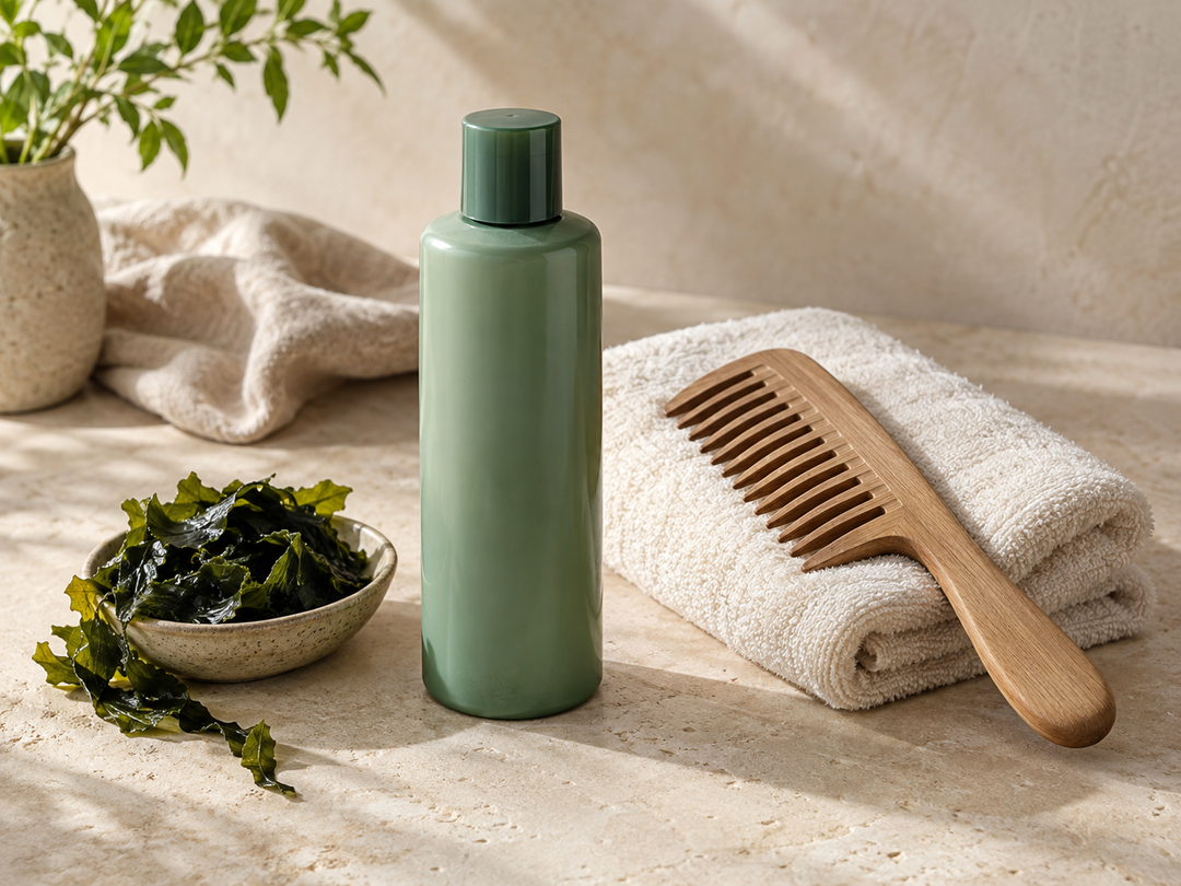 Editorial illustration: A plain sea-green hair-treatment bottle, wooden comb and clean folded towel, a small piece of seaweed as botanical context.