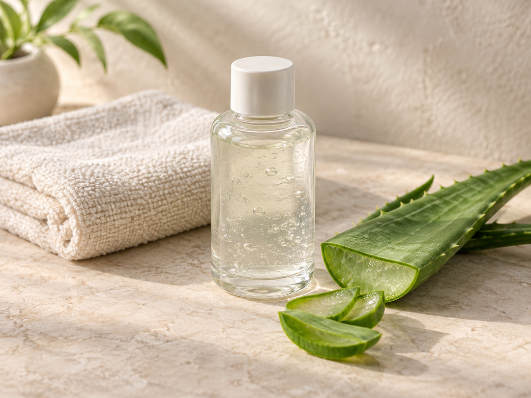 Editorial illustration: An unbranded small clear cosmetic bottle of aloe gel beside a cut aloe leaf and folded face towel.