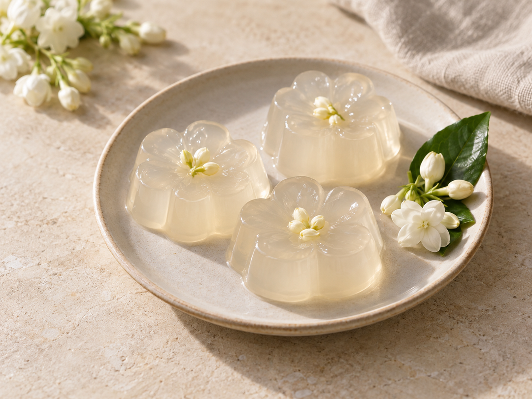 Editorial illustration: A small plate of translucent ivory floral agar jellies, with a few jasmine blossoms beside the plate as aroma context.