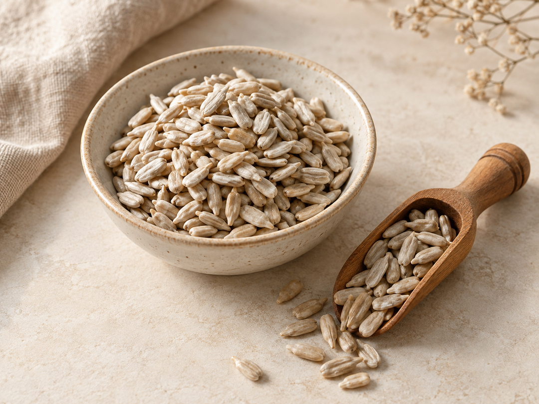 Editorial illustration: A small shallow ceramic bowl of hulled sunflower seed kernels and a wooden scoop.